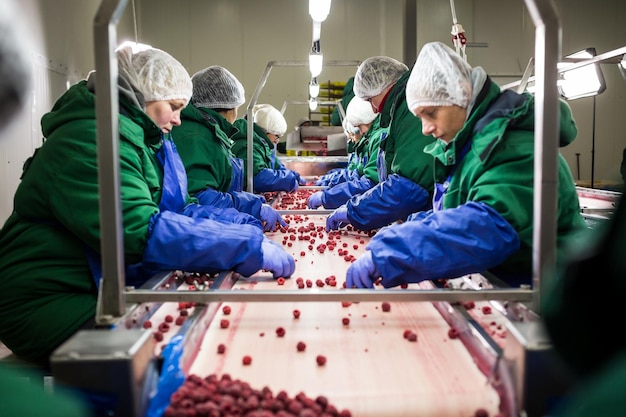 04 octobre 2017 Vinnitsa Ukraine Les personnes au travail portant des gants bleus de protection sélectionnent des baies congelées Usine de congélation de fruits et légumes Faible luminosité et bruit visible