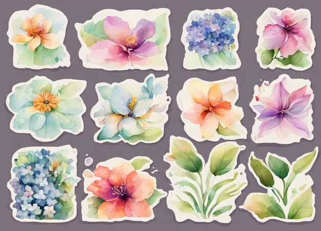 Photo 10 autocollants de fleurs toute la page est pleine d'autocollants aquarelle design aquarelle style