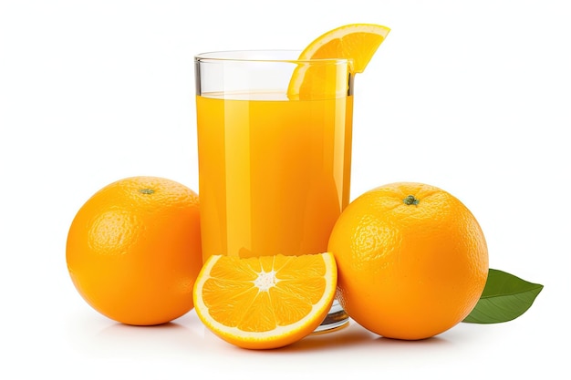 100 jus d'orange avec tranches de fruits et sacs isolés sur fond blanc