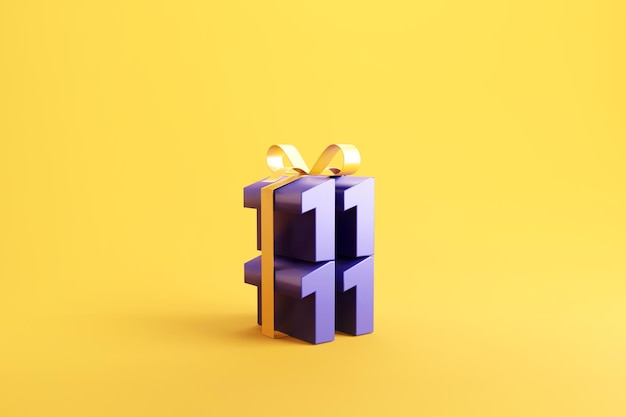 11.11 Promotion de la vente du jour du shopping dans une boîte cadeau sur fond jaune.