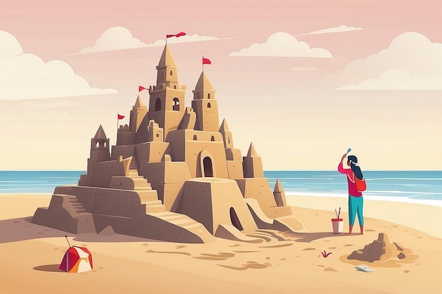 14 Dessinez un vecteur d'une personne construisant un château de sable sur la plage