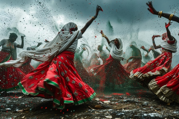 150 danseurs jettent de la poudre noire, rouge, blanche et verte dans les airs.