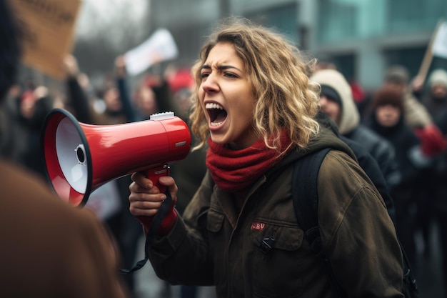 200 000 personnes ont participé au gouvernement en Pologne Femme activiste en colère criant pour sa cause parmi les manifestants de la manifestation AI Generated