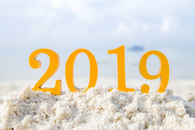 2019 lettrage en bois placé sur le sable. bonne année