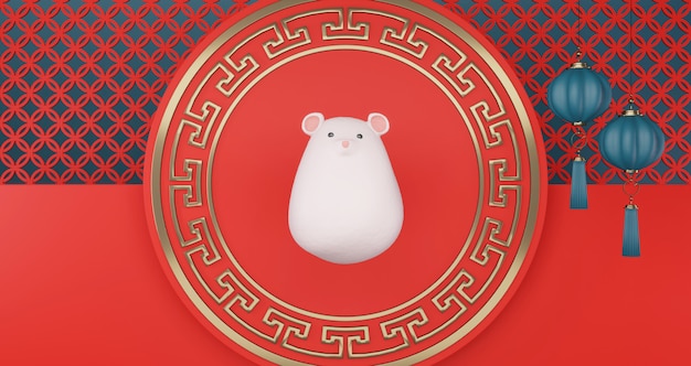 2020 Nouvel an chinois. Rat chinois flottant sur un piédestal rouge. Lanterne chinoise accrochée à un fond de mur rouge. Année du rat