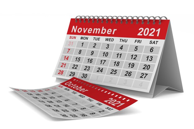 2021 année. Calendrier pour novembre. Illustration 3D isolée