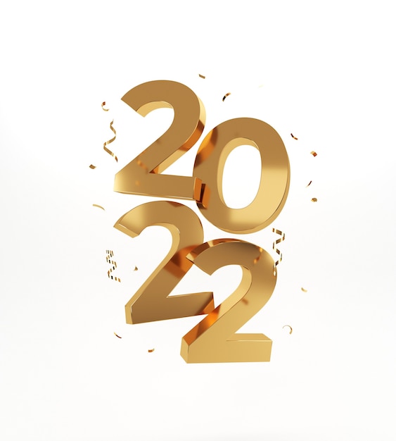 2022 Bonne année. Nombres d'or, illustration de rendu 3d.