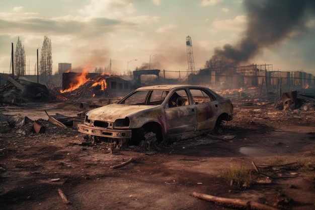 En 2022, la Russie envahit l'Ukraine avec une voiture incendiée dans une ville déchirée par la guerre Assurance véhicule pour wardam...