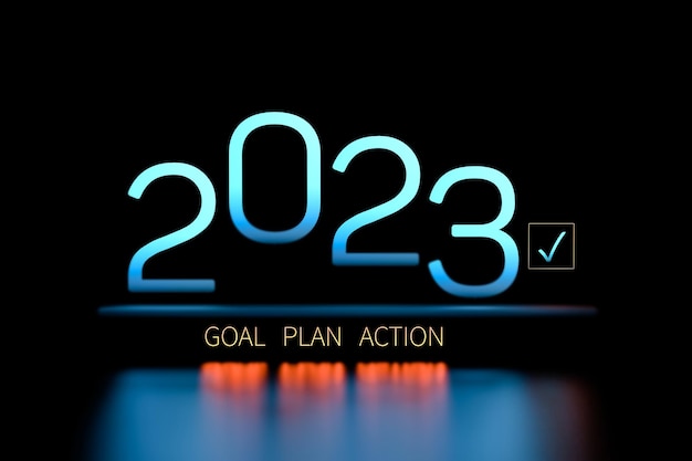 2023 GOAL ACTION PLAN texte néon avec réflexion au sol Motivation plan d'objectif néon action rendu 3D