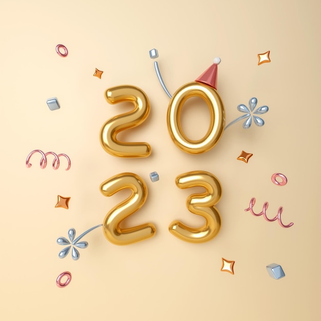 2023 Texte 3d Nouvel An avec chute de confettis brillants sur fond jaune Illustration de rendu 3D