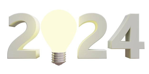 2024 et ampoule blanche illuminée isolée sur rendu 3d whgite