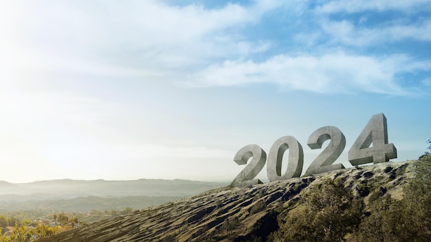 2024 sur la colline avec un ciel bleu en arrière-plan Bonne année 2024