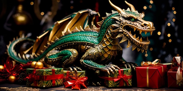 2024 est l'année du Dragon de Bois Vert Dragon vert avec des cadeaux de Noël