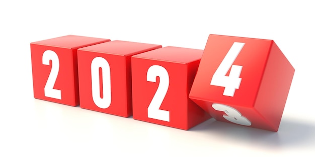 2024 New Year Change Red cube passe de trois à quatre isolé sur fond blanc rendu 3d