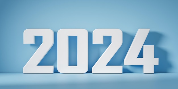2024 Nouvel An Texte 3d blanc 2023 sur fond jaune Commencez la nouvelle année 2024 avec plan objectif plan d'action stratégie nouvelle année vision d'entreprise large bannière illustration 3d