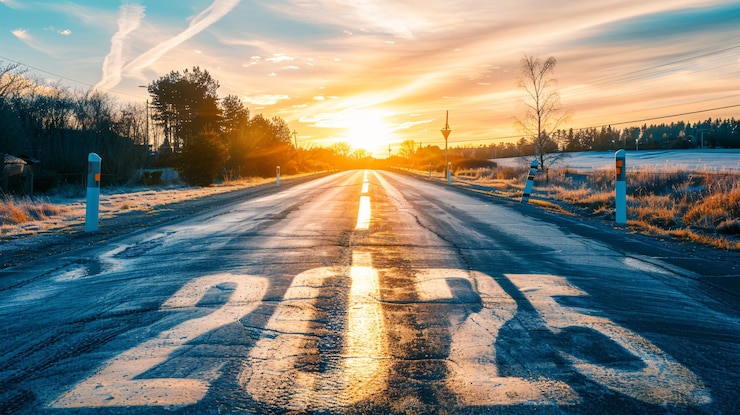 Photo 2025 un nouveau début sur une route de campagne vide au lever du soleil
