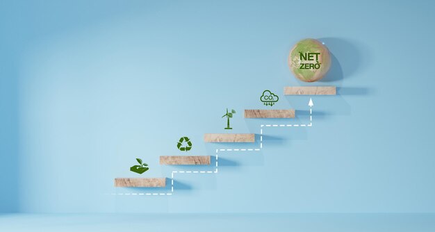 2050 Concept zéro carbone net et neutre CO2 réduisant l'icône de l'écran d'impression sur le bois et la carte du monde