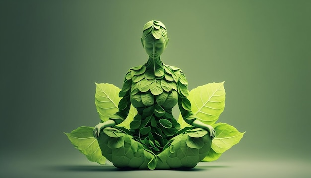 21 juin journée internationale de yoga femme faite avec des feuilles vertes dans une pose de yoga ai générative
