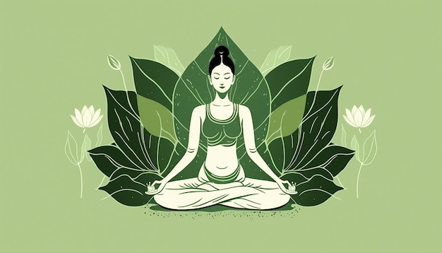 Photo 21 juin journée internationale de yoga femme faite avec des feuilles vertes dans une pose de yoga ai générative