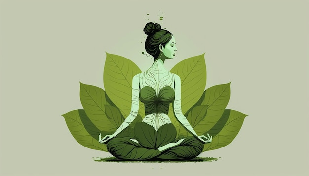21 juin journée internationale de yoga femme faite avec des feuilles vertes dans une pose de yoga ai générative