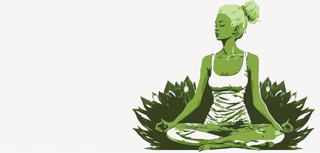 Photo 21 juin journée internationale de yoga green woman in lotus yoga pose with copy space for text generative ai