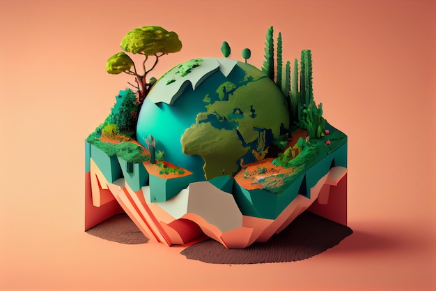 22 avril illustration du jour de la terre rendu 3d avec des plantes et de la planète