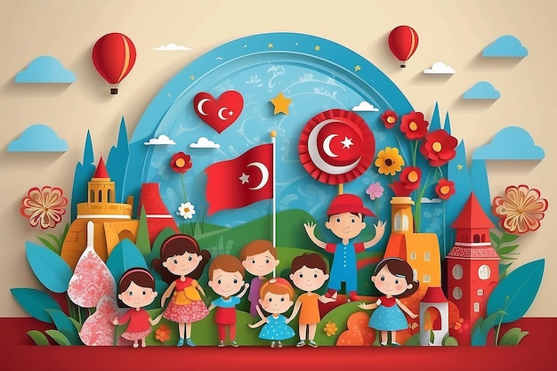 Photo 23 avril jour de la souveraineté nationale et de l'enfance en turquie dans le style d'un papier coupé illustration vectorielle