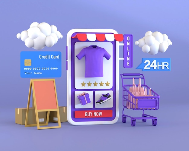 24 heures shopping en ligne 3d icône illustration