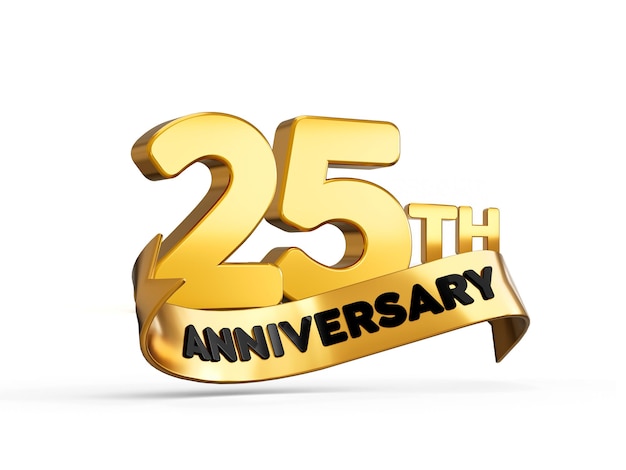 25e ou 25e anniversaire en or sur fond blanc avec une illustration 3D en ombre