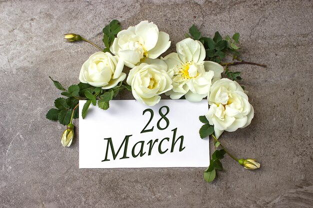 28 mars. Jour 28 du mois, date du calendrier. Bordure de roses blanches sur fond gris pastel avec date du calendrier. Mois du printemps, concept du jour de l'année.