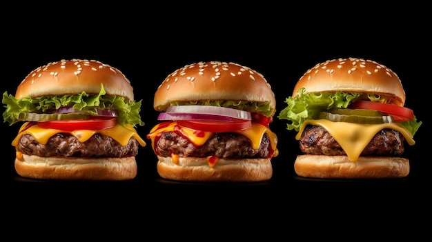 3 burgers avec escalopes de boeuf tomates fromage laitue et oignons sur fond noir AI généré