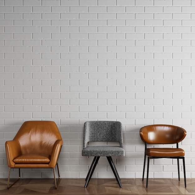 3 chaises différentes dans un style moderne debout devant un mur de briques blanches avec fond