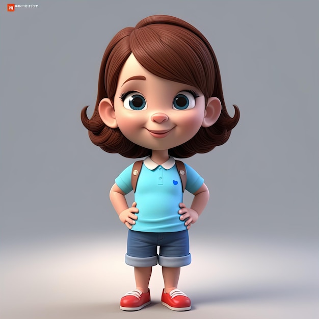 3 d dessin animé mignon petite fille avec de grands yeux dans une chemise blanche sur un fond gris foncé avec la main