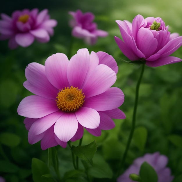 3 fleurs roses sur fond de jardin vert