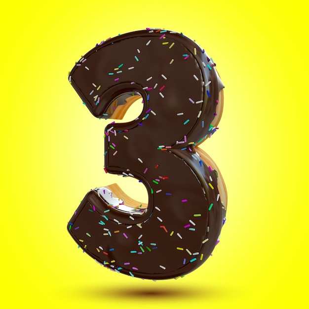 3 NUMÉRO Donuts fond jaune 3d numéro 3 anniversaire numéro numéro 3 gâteau