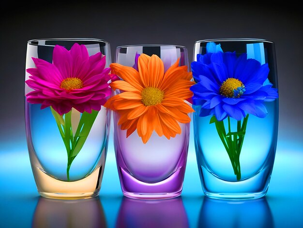 3 verres d'eau avec des fleurs de différentes couleurs à l'intérieur télécharger une image 3D