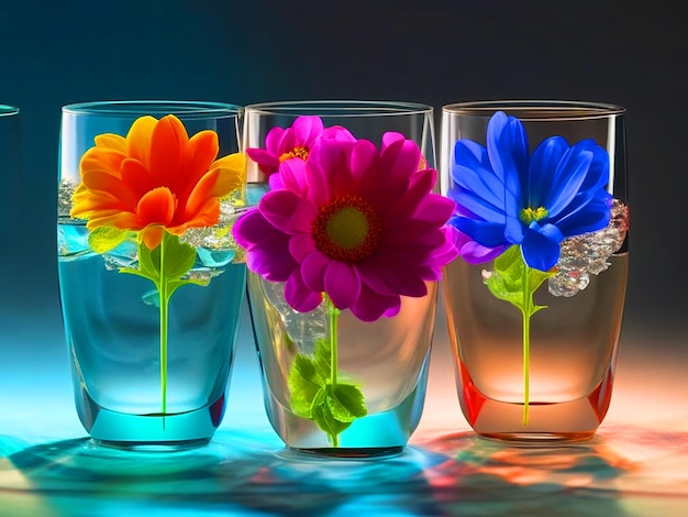 3 verres d'eau avec des fleurs de différentes couleurs à l'intérieur télécharger une image 3D
