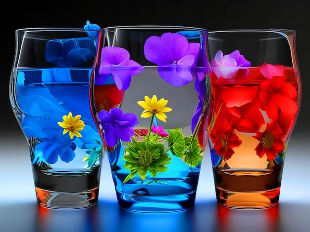 Photo 3 verres d'eau avec des fleurs de différentes couleurs à l'intérieur télécharger une image 3d
