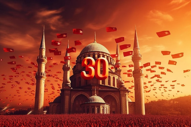 30 août Le jour de la victoire est une fête nationale de la Turquie Anitkabire Symbole du drapeau de la Turquie Zafer Bayrami célébration république 30 août Kutlu Olsun Modèle de carte de voeux Generative AI