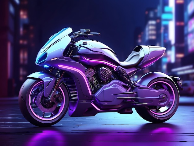 30 Concept de moto générique 3D futuriste avec une ambiance néon violette et une ville bleue