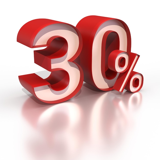 30 % de réduction sur le signe 3d sur fond blanc, offre spéciale 30 étiquette de réduction 3drender