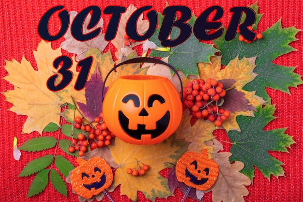 Le 31 octobre est la date d'Halloween. Halloween Jack o Lantern avec des bonbons sur un fond d'automne coloré de feuilles séchées, de baies. Concept de temps de vacances Halloween