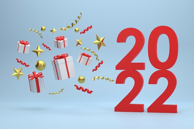 3D. 2022 Coffrets cadeaux et boules dorées Fêtes de Noël sur fond bleu.