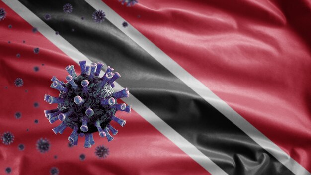 3D, agitant le drapeau de Trinité-et-Tobagon et concept de nCov Coronavirus 2019. Épidémie asiatique à Trinité-et-Tobago, la grippe à coronavirus comme cas de souche de grippe dangereuse en tant que pandémie. Virus Covid19