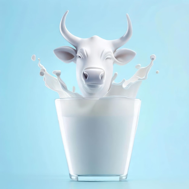 3D Ai Render of A Happy Cow Jumping in White Milk Splash