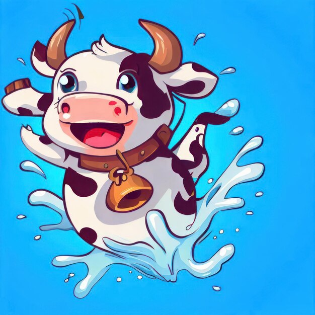 3D Ai Render of A Happy Young Baby Cow Jumping in White Milk Splash