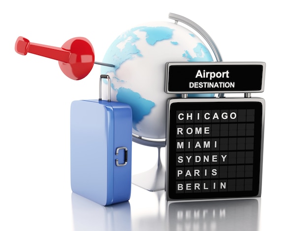 3d Airport board, valises de voyage et globe terrestre.