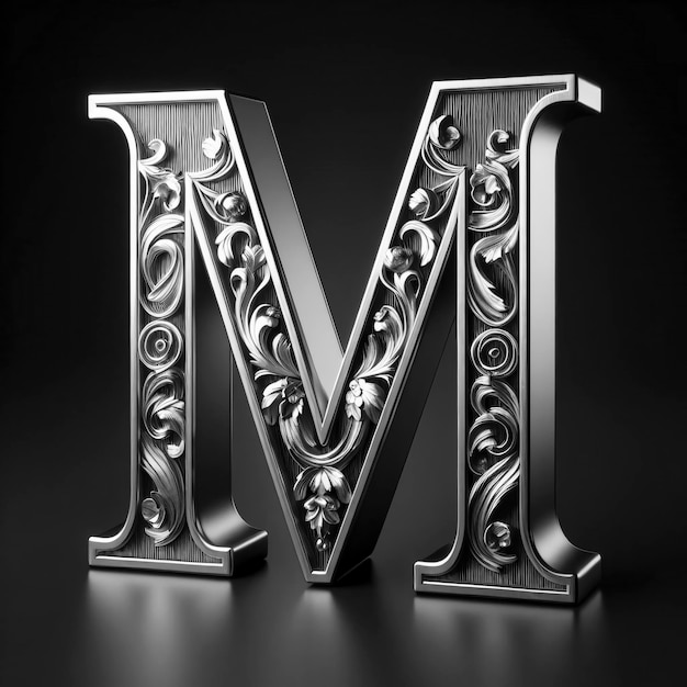 3d Alphabet M en métal étincelant Illumine sur un fond sombre le logo argenté de la lettre M