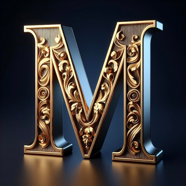 3d Alphabet M en or brillant Illumine sur un fond sombre le logo doré de la lettre M