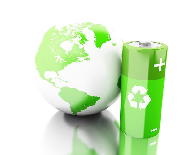 3d batterie verte avec symbole de recyclage et globe terrestre